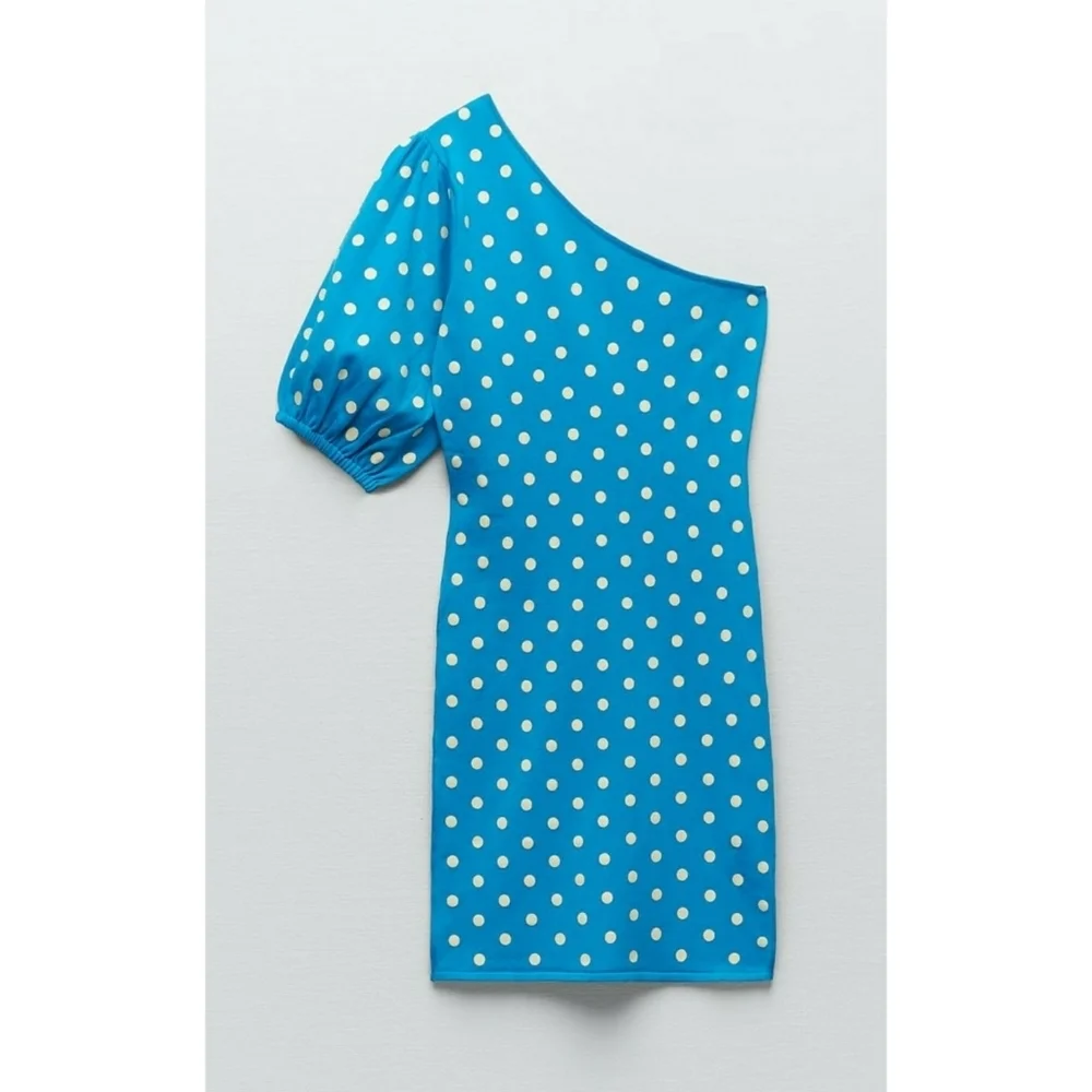 ZARA // turquoise polka dot one puff shoulder soft & stretchy knit mini dress - Picture 2 of 16